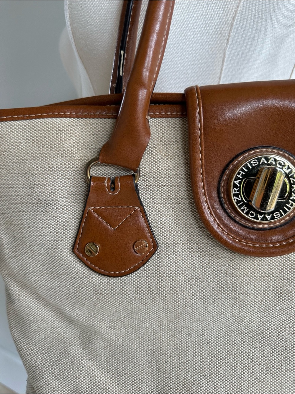 Isaac Mizrahi Beige Canvas Tote with Brown Faux Leather Trim - Picture 3 of 12